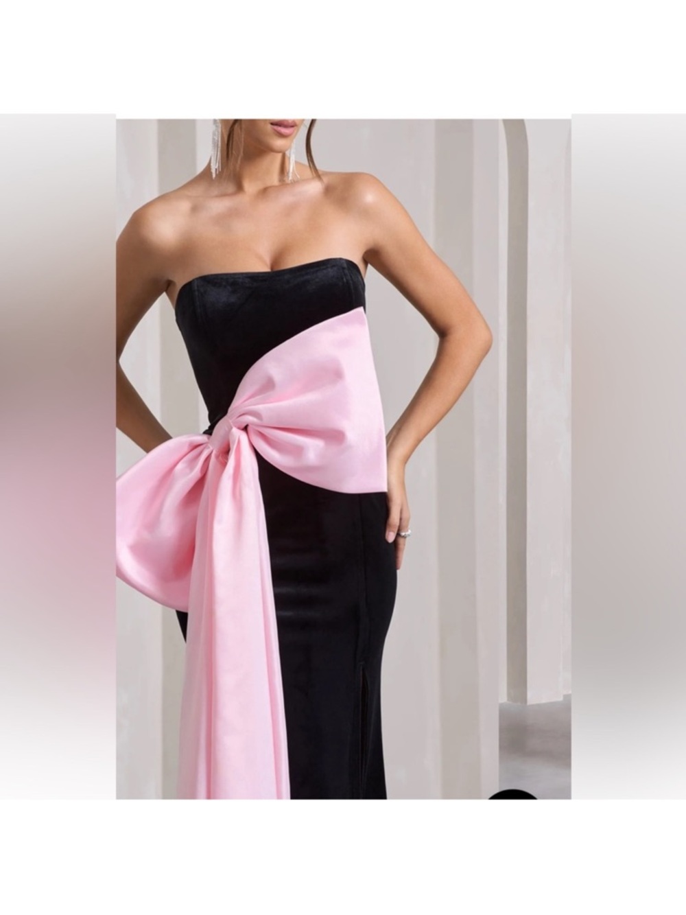 Club l London black velvet Bandeau split maxi dress pink bow - Picture 4 of 4